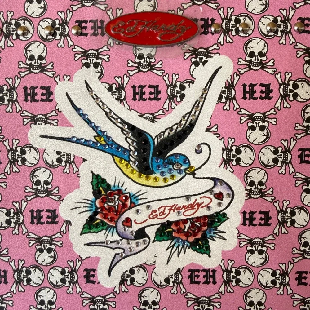 Ed Hardy Pink Skull Print Wristlet Pouch Swallow Rhinestone Y2K NWT Vegan Leathe